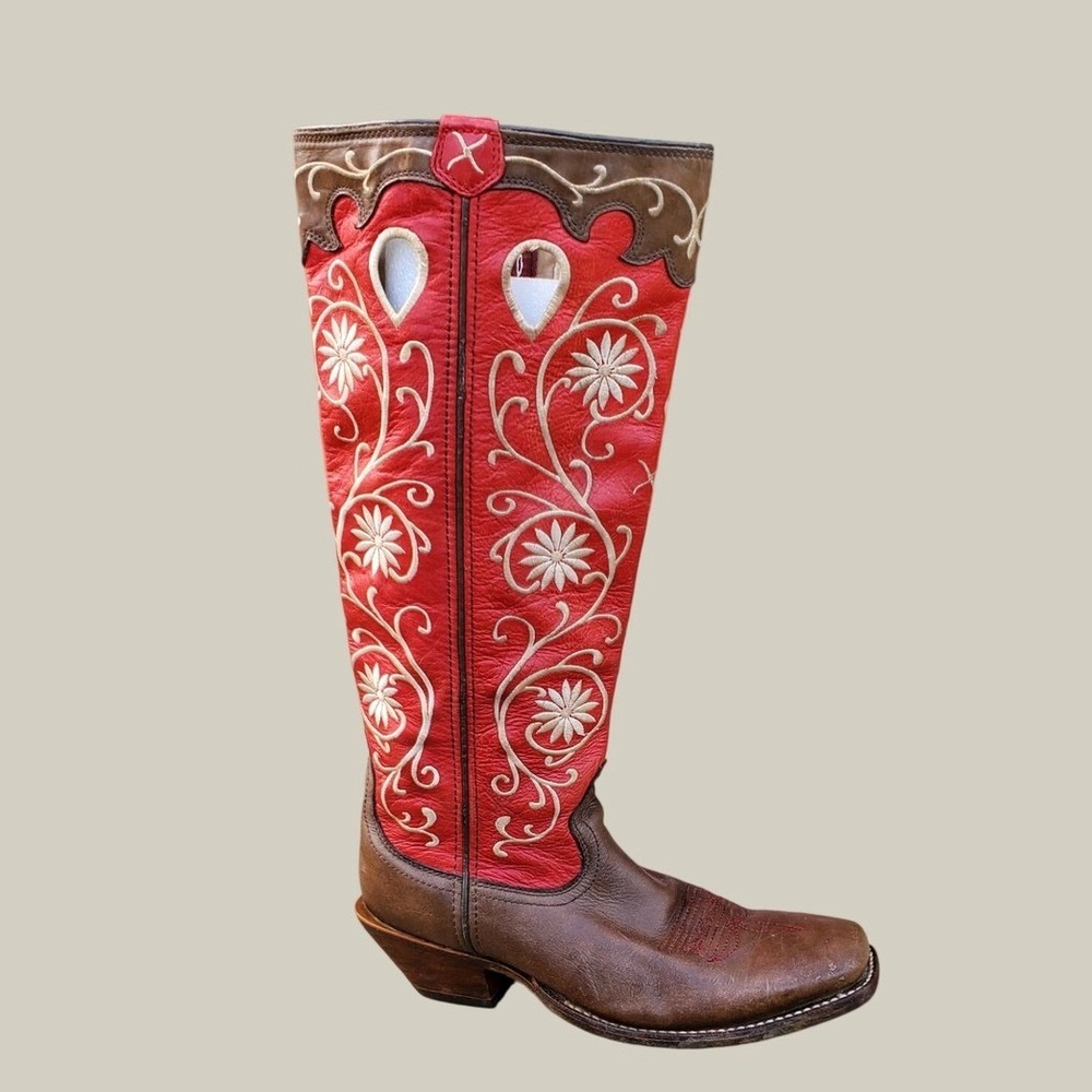 Twisted X Buckaroo Women Red Brown Floral Embroidered Leather Cowboy Boots 8.5 B